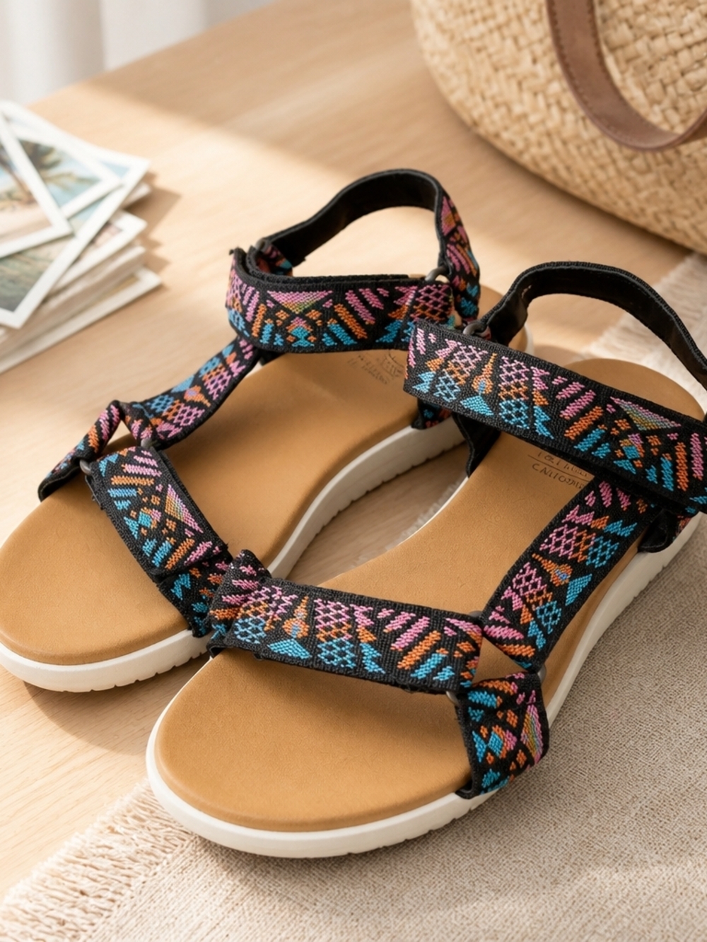 Jellypop Teal Pink Orange & Black Woven Strap Sandals